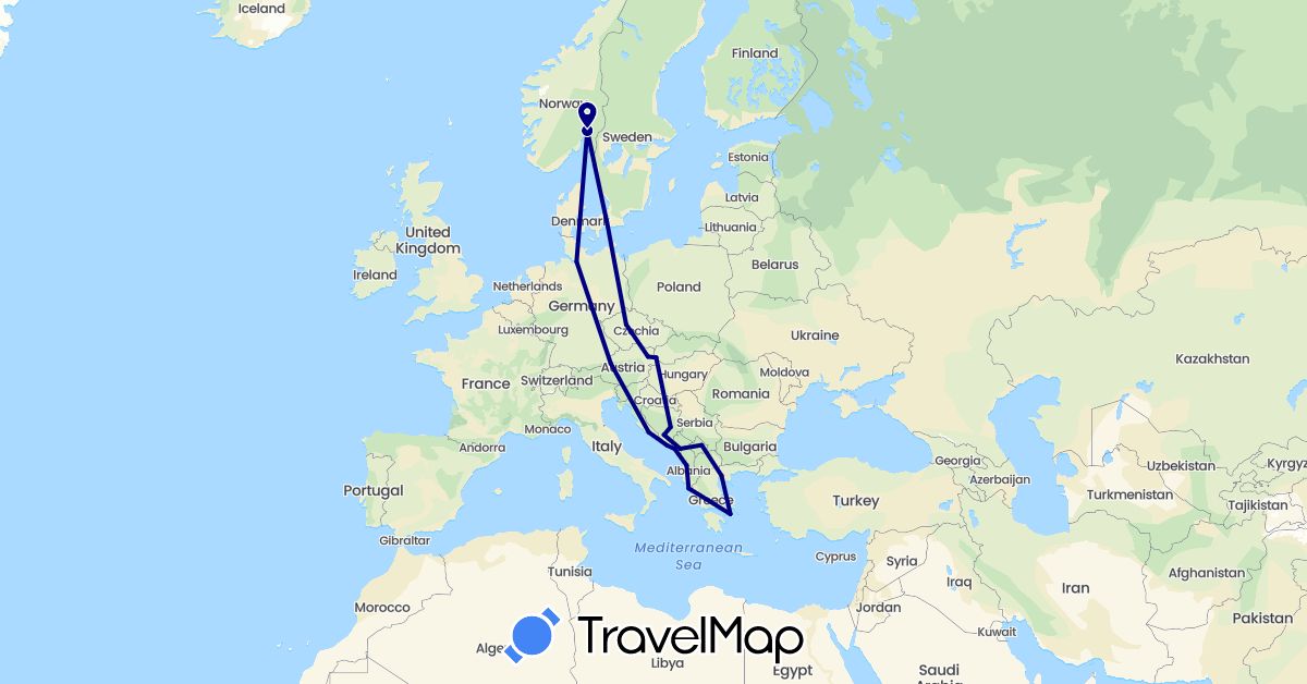 TravelMap itinerary: driving in Albania, Austria, Bosnia and Herzegovina, Czech Republic, Germany, Greece, Croatia, Montenegro, Norway, Slovakia, Kosovo (Europe)